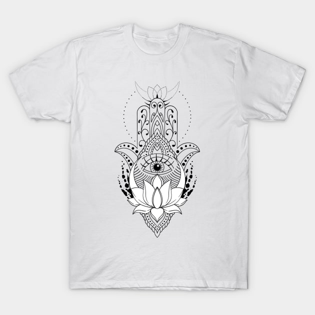 Hamsa hand symbol with lotus flower. Decorative pattern in oriental style. T-Shirt by ilhnklv